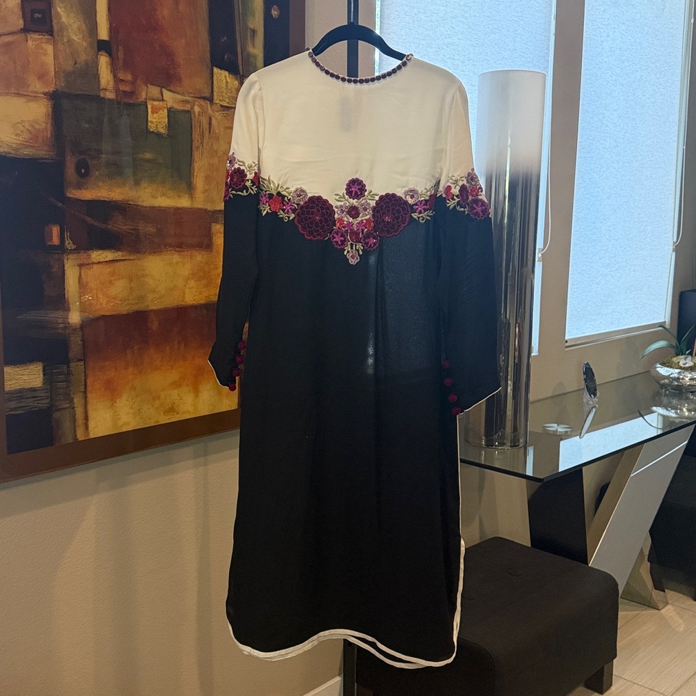 Black and White Dress with Floral Embroidery